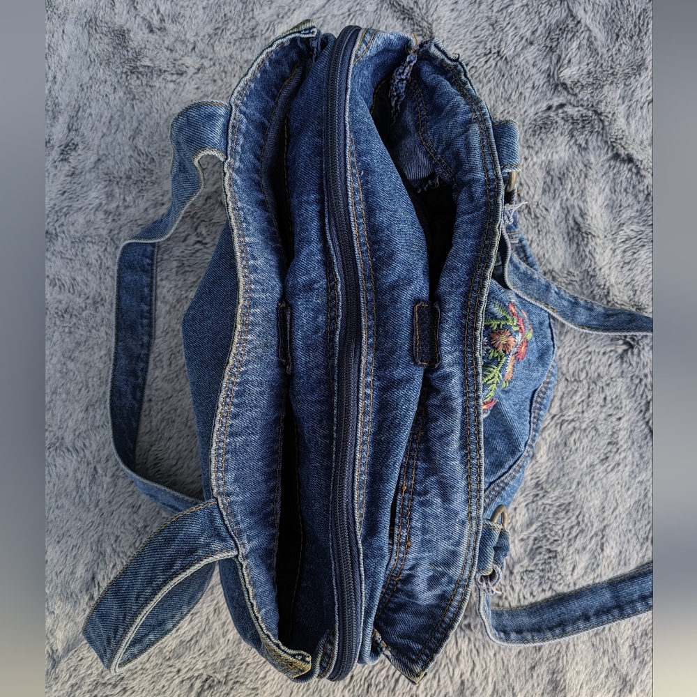 Vintage Floral Embroidered Denim Shoulder Bag with Coin Purse - Picture 6 of 14